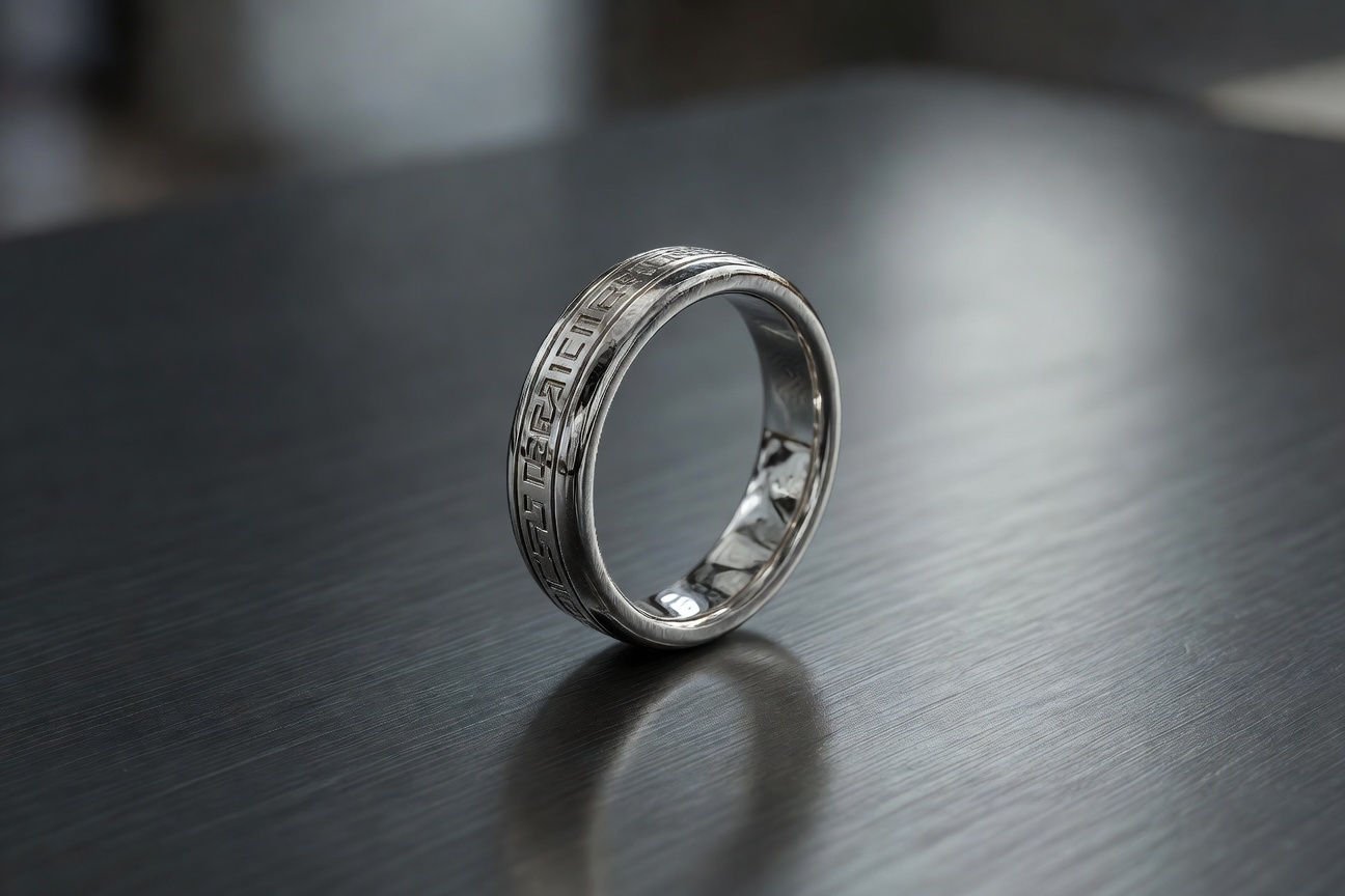 Detailed close up of a silver ring resting on a dark metallic surface